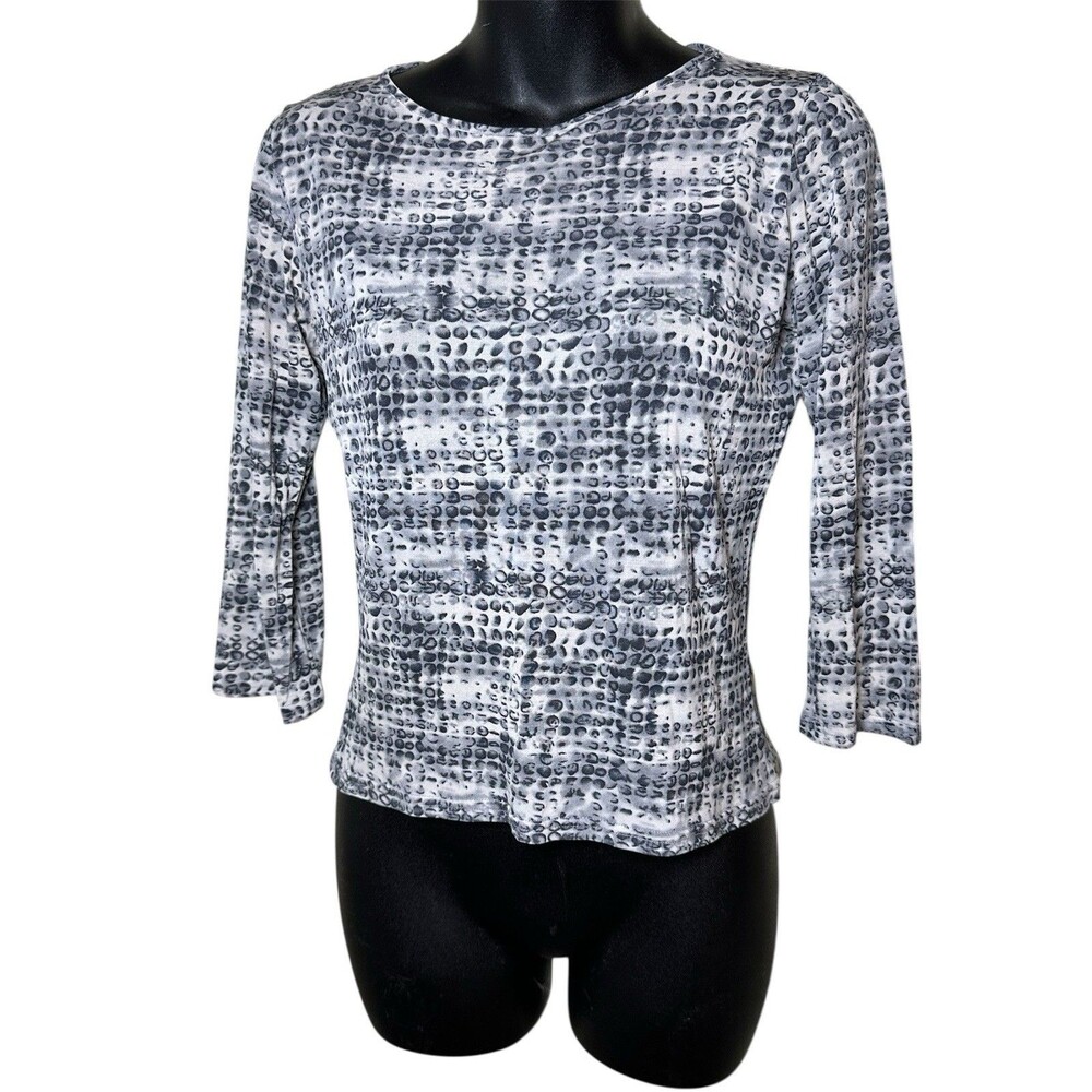 Tina Hagen Silk Blouse 3/4 Sleeve Gray Black Pattern Sz S